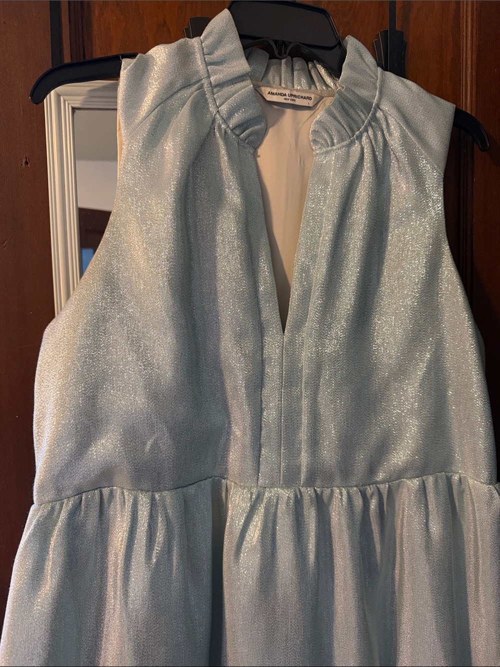 Amanda Uprichard Light Aqua Shimmer Tiered Mini Dress